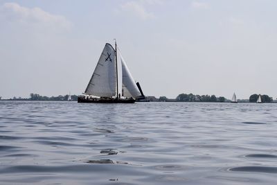 Sailboat sailing on sea against sky