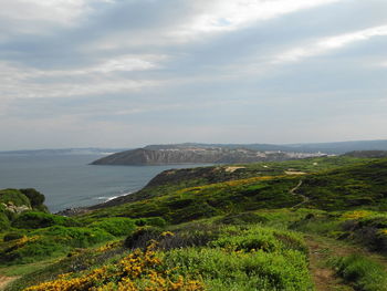 Scenic view of landscape by sea against sky