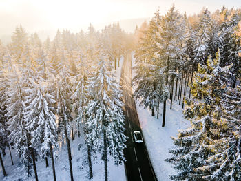 Aerial winter road scene in hessen, germany