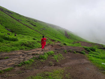 Rear view of man walking on mountain against sky