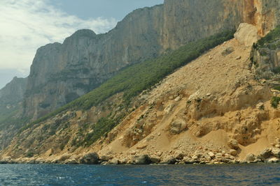 Scenic view of sea and mountains against sky