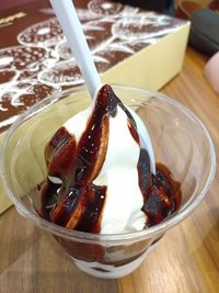 High angle view of ice cream on table