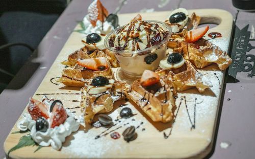 High angle view of dessert served on table