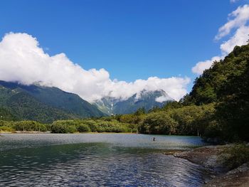 Scenic view of lake and mountains against sky