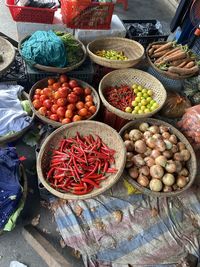 High angle view of food for sale at market stall