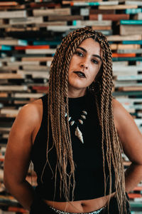 Portrait of young woman in library