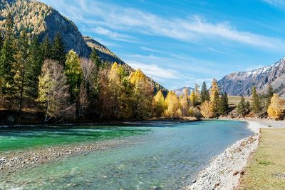 Scenic view of lake by mountains against sky