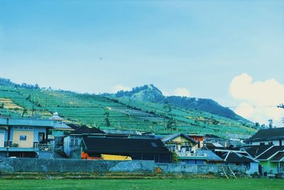 Houses on field against sky