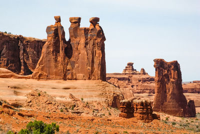 Rock formation against clear sky at arches national park