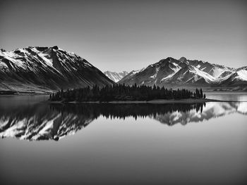 Scenic view of lake and snowcapped mountains against sky