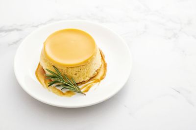 High angle view of breakfast served on table