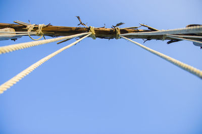 Low angle view of barbed wire against clear blue sky