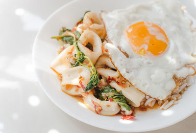 High angle view of breakfast served on table