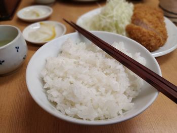 High angle view of food in bowl on table