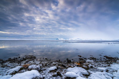 Scenic view of sea against sky during winter