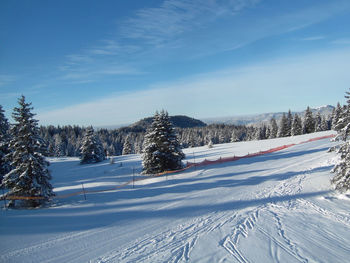 Snow covered landscape against sky