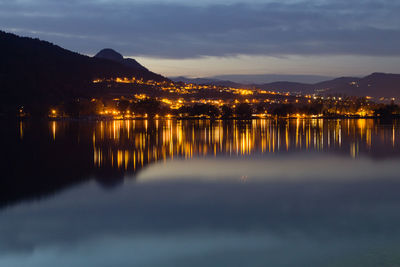 Scenic view of lake against sky at dusk