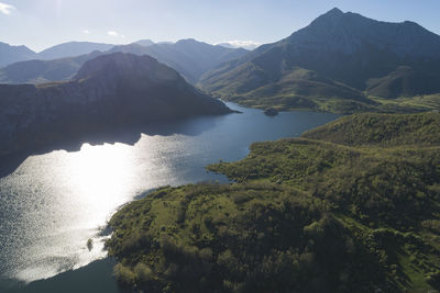 Porma's reservoir and dam from aerial view