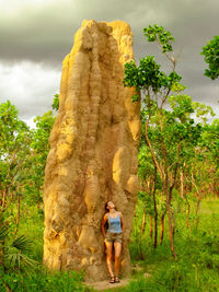 Rear view of man standing on rock against trees