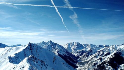 Scenic view of snow covered mountains against sky