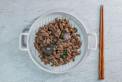 High angle view of breakfast served on table