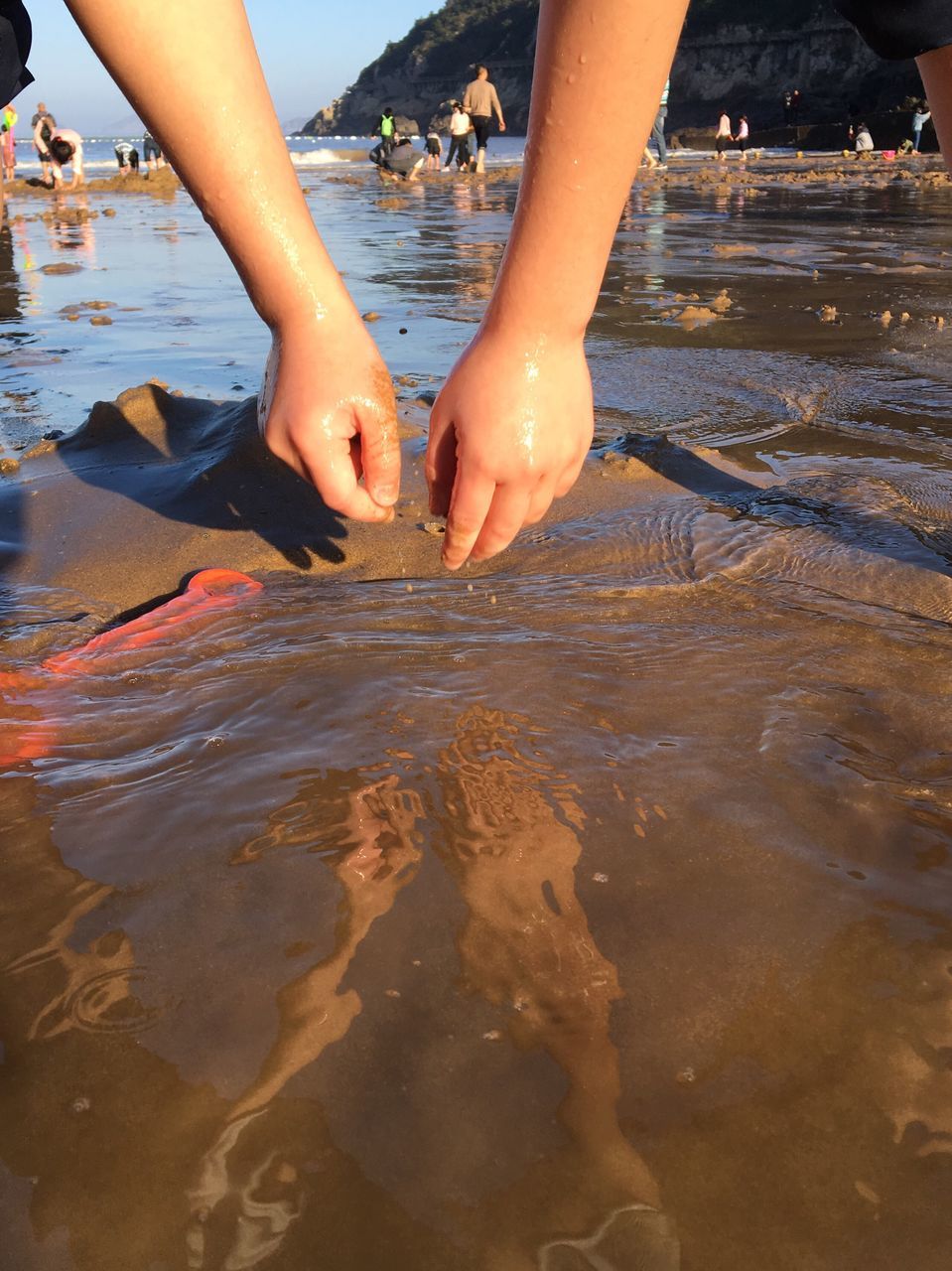 beach, togetherness, sand, two people, human foot, reflection, human body part, vacations, summer, barefoot, friendship, outdoors, child, bonding, water, people, close-up, day, human hand, wave, low section, adult