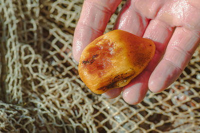 Amber catching in the baltic sea. piece of amber in the hand of an amber catcher or fisherman