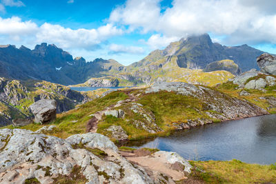 Steep mountains of lofoten island on a sunny arctic day. hermannsdalstinden peak 