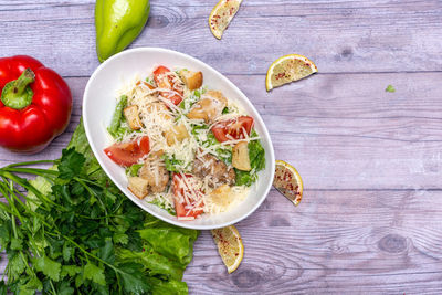 Directly above shot of salad in plate on table
