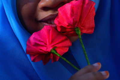 Close-up of hand holding red flower