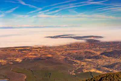 High angle view of land against sky during sunset