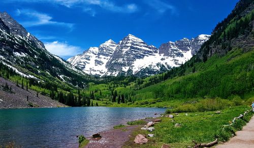 Scenic view of lake by snowcapped mountains against sky