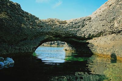 Reflection of rocks in lake against sky