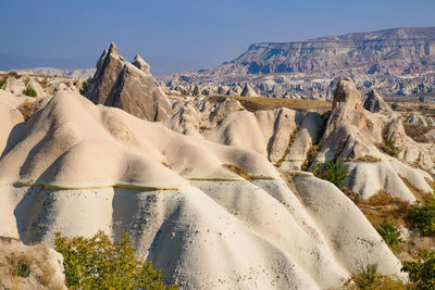 Panoramic view of arid landscape against clear sky