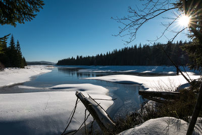 Scenic view of lake against clear sky during winter
