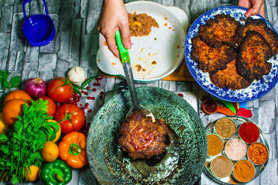 High angle view of food on table