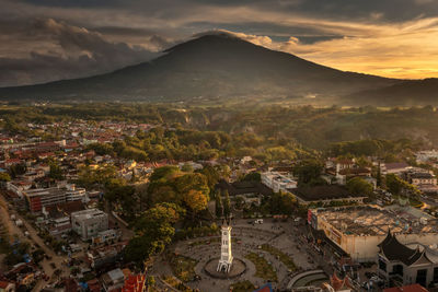 High angle view of townscape against sky during sunset