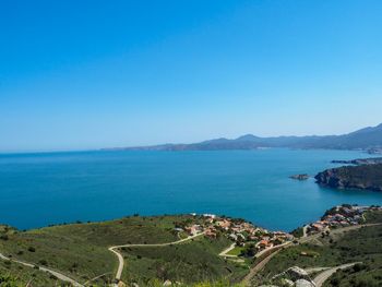 Scenic view of sea against clear blue sky