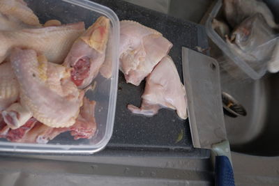 High angle view of meat in container