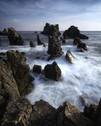 Scenic view of rocks in sea against sky