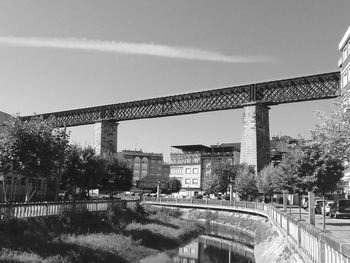 Bridge over city against clear sky