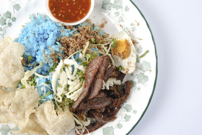 High angle view of breakfast served on table