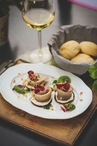 Close-up of food served on table