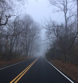 Road amidst bare trees against clear sky