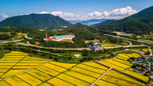 High angle view of agricultural landscape against sky