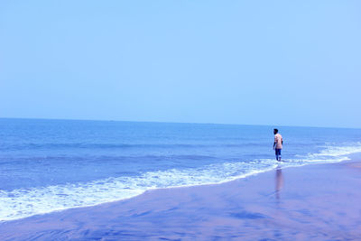 Rear view of man on shore at beach against sky