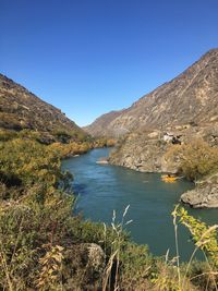 Scenic view of lake against clear blue sky