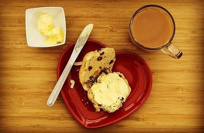 Directly above shot of food on wooden table