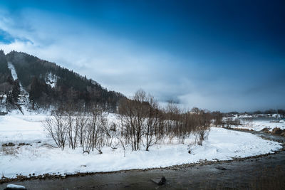 Scenic view of snow covered mountains against sky