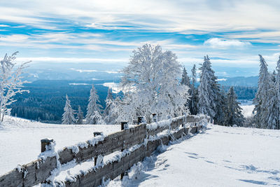 Snow covered landscape against sky
